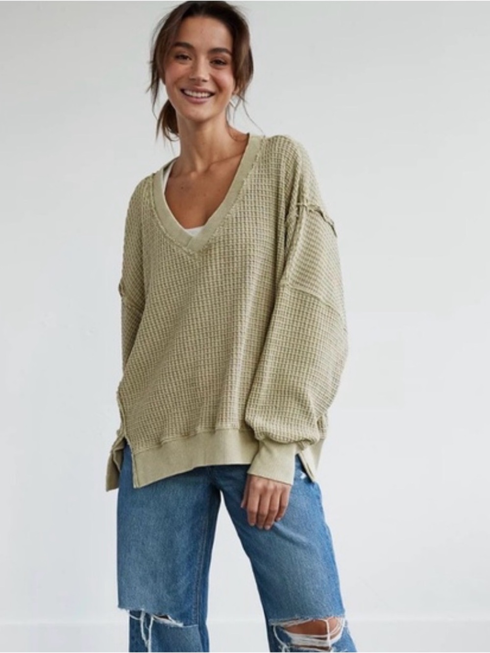 American Eagle Oversized Big Hug Waffle V-Neck Sweatshirt Sz Small  Faded Olive